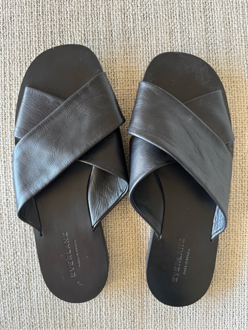 Everlane Black Leather Cross-Strap Slide Sandals